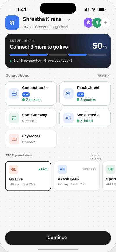 aihoni business dashboard with connections and payments